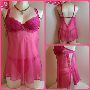 Rare VTG Victoria's Secret 100% Silk Lace Underwire Babydoll Panty Set 34B/sm
